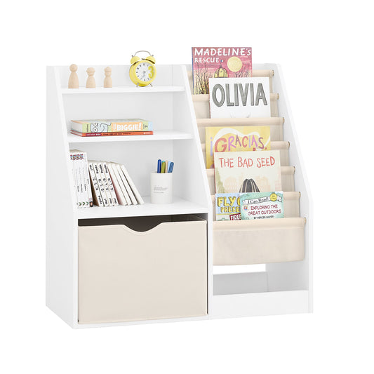 SoBuy KMB119-W Montessori Kinderboekenkast 3 niveaus met opbergruimte en stoffen manden, wit, 80 x 40 x 80 cm