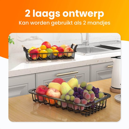 Posity Fruitschaal 2 Laags - Fruitmand - Fruit Etagere - Groentemand - Draadmand - Fruitrek - Hout & Metaal - Zwart