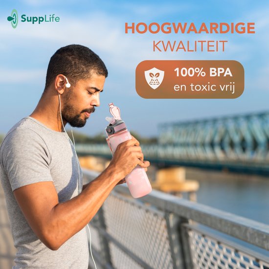 Supplife Bidon - 1 Liter - met Rietje - Motivatie - Sportbidon - BPA Vrij - Rose Goud
