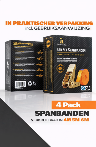 4 stuks spanbanden met ratel, in 4 m, 5 m of 6 m, ratelriemen, TÜV/GS-gecertificeerd, met dubbele naad, sjorbanden, weerbestendig en robuust