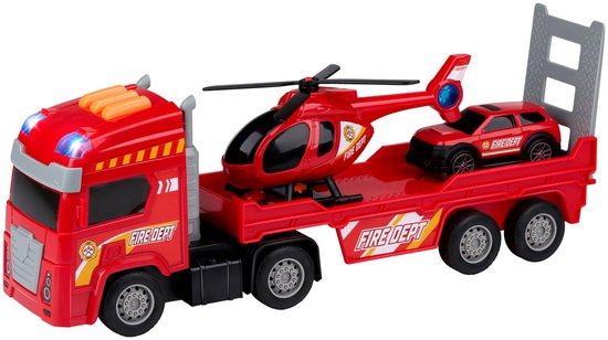 Eddy Toys Brandweerwagen Set 3 Stuks - Brandweerwagen Set met Oplegger, Helikopter en Brandweerauto - Speelgoed Auto, Helikopter en Brandweerauto Met Licht en Geluid - Brandweer - Rood