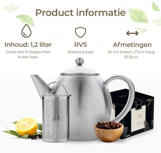 Vaja® Theepot Valerie RVS - Theepot - Theepot met filter - Theekan - Theepot dubbelwandig - Theepot met warmhouder - RVS Theekan - 1,2 Liter