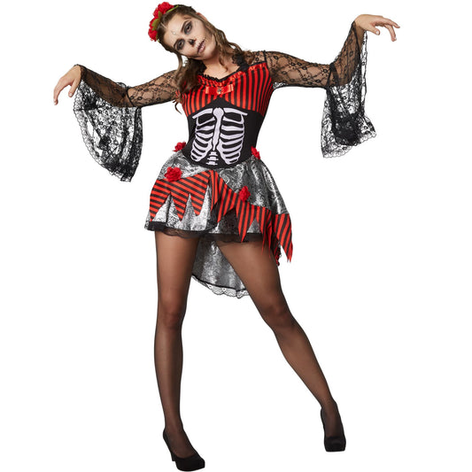 TecTake Halloween Danseres Kostuum Dames - L - Rood – Jurk met Skeletprint, Kant en Haarband