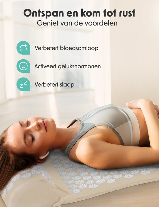 LifeGoods Acupressuur Mat met Kussen - Shakti mat - Spijkermat Incl. 2x Triggerpoint Bal - 66x40x2cm - Beige/Wit