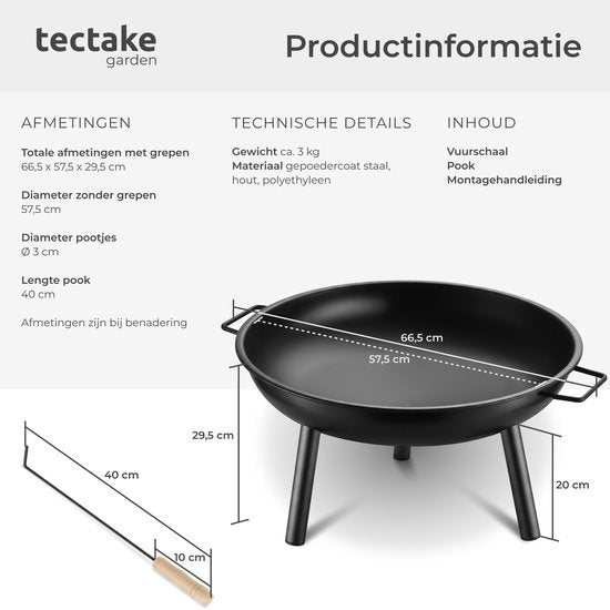 tectake® Vuurkorf Diablo - Hittebestendig Staal - Vuurschaal met Vuurpook - Ø 57,5 cm - Tuinhaard - Sfeerhaard voor Buiten - Met Handgrepen en Waterafvoer - Voor Brandhout en Houtskool