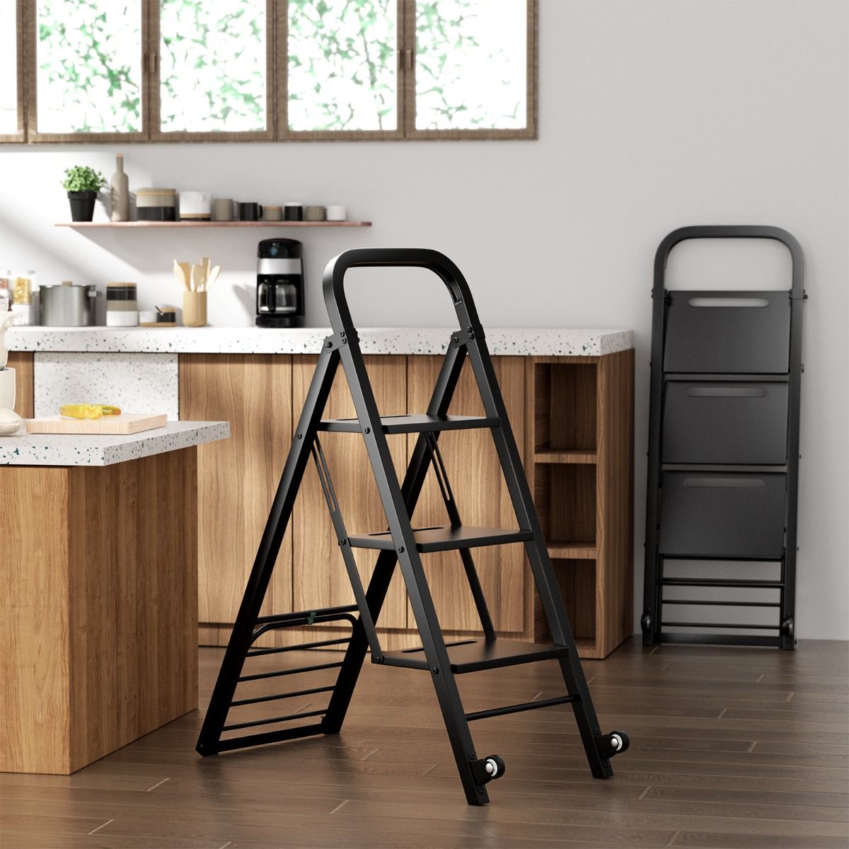 Coast Opvouwbare Trapladder en Trolley - 2-in-1 ontwerp - 3 brede treden - Zwart
