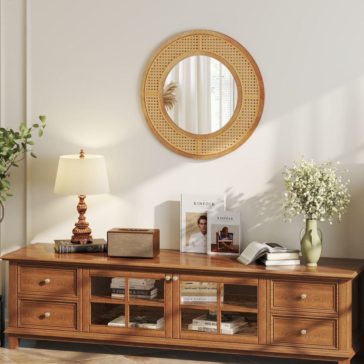 Coast Ronde Wandspiegel - Rotan Decoratie - Houten Frame - 65 cm Natuurlijk