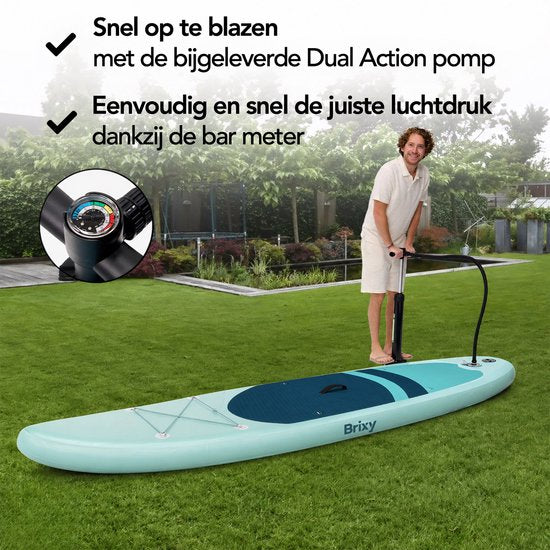 Brixy 2-in-1 SUP Board - met Zitje - Opblaasbaar Paddle Board - Complete Set - 335 cm - Max. 175 kg - Mintgroen/Blauw