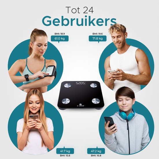 e.volve Weegschaal Personenweegschaal Digitaal - 20x - Zwart - Slimme Weegschaal met Lichaamsanalyse - Precisie Weegschaal - Weegschalen - Digitale Weegschaal - Incl. App