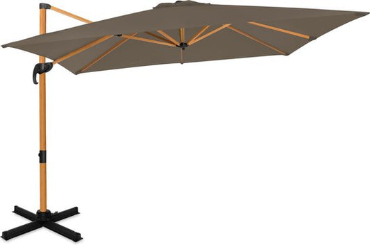 VONROC Premium Zweefparasol Pisogne 300x300cm – Incl. kruisvoet & beschermhoes – Vierkante parasol – 360 ° Draaibaar - Kantelbaar – UV werend doek – Houtlook - Zwart