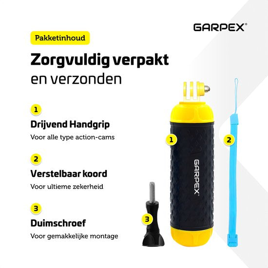 Garpex® Drijvende Handgrip - Drijvend Statief - Universeel - Geschikt voor alle action camera - Selfiestick - Inclusief verstelbare polsband en duimschroef