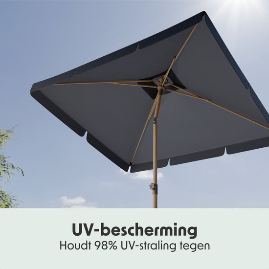 LifeGoods Parasol - Tuin - Balkonparasol - 200x125cm - 30° Kantelbaar - Waterdicht - UPF50+ - Houtkleurige coating - Donkergrijs