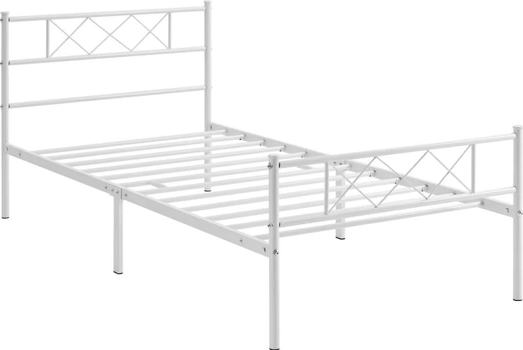 Yaheetech Bedframe 90 × 190 cm – Wit Metaal – Eenpersoonsbed met X-Design Hoofdbord, Lattenbodem en 32,5 cm Opbergruimte