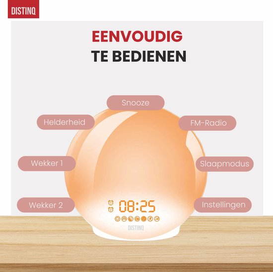 DistinQ Wake-Up Light – Wekkerradio met dubbele wektijd – Slaaphulp met USB aansluiting