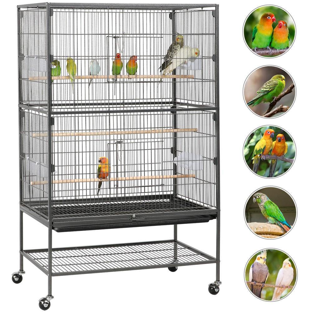 Yaheetech Vogelkooi 132 cm - Zwart - Groot - Met Standaard - 3 Zitstokken - 4 Voerbakken - Verrijdbaar