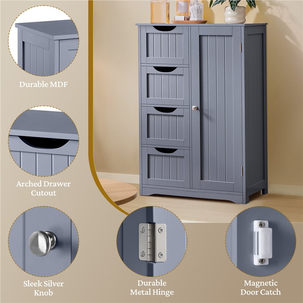 Yaheetech Badkamerkast met 4 Lades - 55,9 x 30,5 x 82,6 cm - Grijs