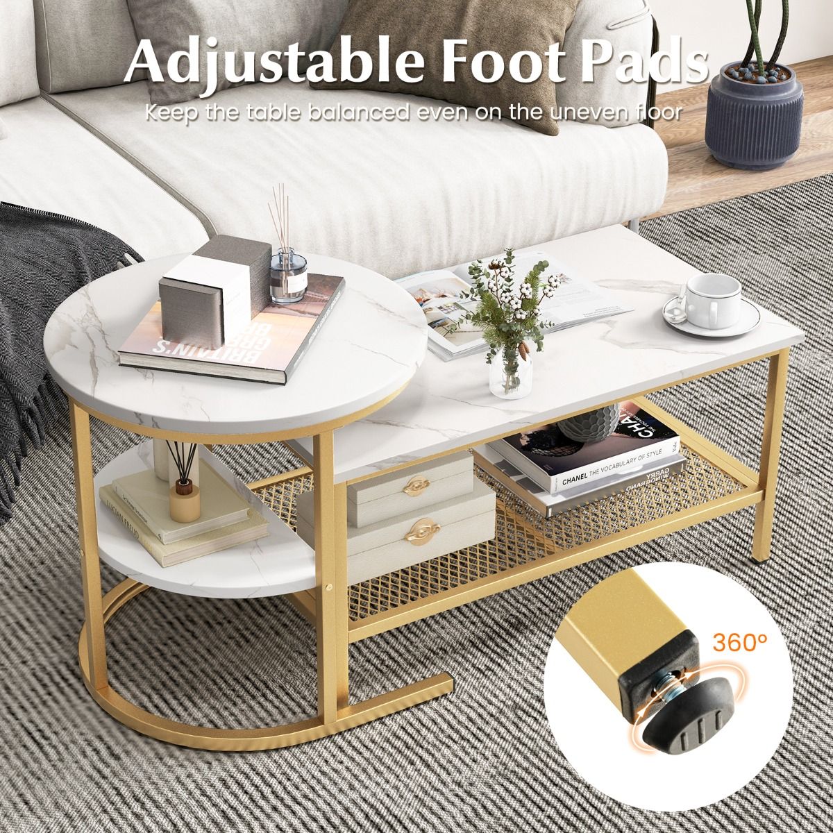 Coast Set van 2 Bijzettafels - Marmerlook tafelblad - Gouden metalen frame - Rond en rechthoekig