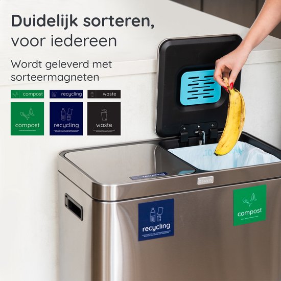 Deleca Recycle Prullenbak met 2 Vakken - 60 Liter (2x30) Afvalbak - Afvalscheiding / Statiegeld container / Pedaalemmer - Vuilnisbak met FreshAura Geurbestrijding - Slow Close - RVS Zilver