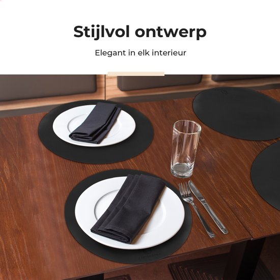 Castagnola Lederlook Placemats - Ronde Placemats - Antislip Placemat van Kunstleer - Waterafstotende Onderlegger - Onderzetter - 6 Stuks - Diameter 38 cm - Zwart