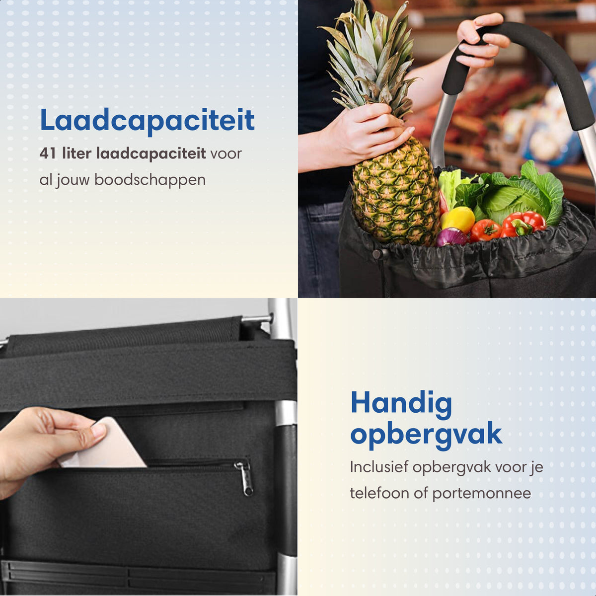 SafeLife Boodschappentrolley Grijs – 38 × 45 × 103 cm – Inklapbaar, Lichtgewicht & Met Koelvak