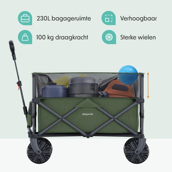 LifeGoods Bolderkar - Opvouwbare Bolderwagen - 100KG - 230L - Verhoogbaar - Met Beschermhoes - Groen