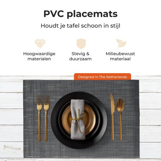Castagnola Placemats - Placemat van Kunststof - Onderlegger - Onderzetter - Placemats Plastic en PVC - 6 Stuks - 45 x 30 cm - Zwart