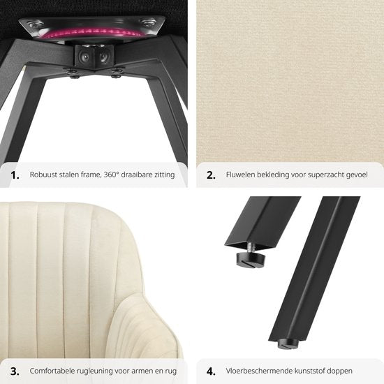 tectake Eetkamerstoel – Draaibaar met Armleuningen & Fluwelen Bekleding – 58 x 58 x 82 cm – Crème