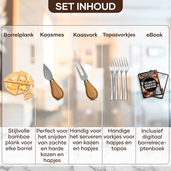 Villux Tapasplank - Borrelplank - Serveerplank - Kaasplank - Hapjesplank - Inclusief Kaasmesjes - Taspasplank Bamboe - Borrelplank Rond - Inclusief Ebook - ø 38 cm