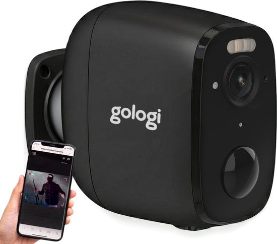 Gologi Draadloze Beveiligingscamera voor Buiten en Binnen - Bewakingscamera met Accu 5200 mAh - USB-C Oplaadbaar - Nightvision - Bewegingsdetectie - Magnetische Montage - 5MP HD Camera WiFi met App - Security Camera - Zwart