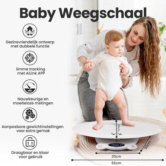 Babyweegschaal - met Weegplateau - Digitale Weegschaal - met Tarra Functie en App - 50g tot 200KG - Wit - van Faas