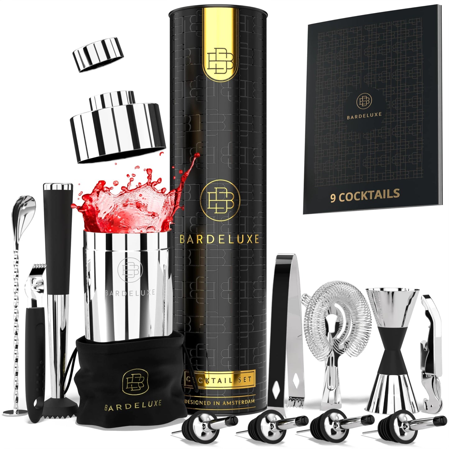 BarDeluxe Professioneel cocktail set - 12 delig - 750 ml shaker - 304 RVS - zilver