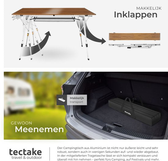 tectake® Campingtafel - 90 x 52 x 47 - 70 cm - Klaptafel van Aluminium - Oprolbaar Tafelblad - Vouwtafel - Reistafel - Tuintafel - Weerbestendig - In hoogte verstelbaar - Draagtas - Inklapbaar - Houtlook