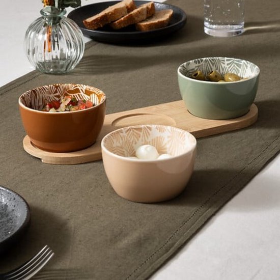 Secret de gourmet Serveerplank voor hapjes / nootjes - 3x schaaltjes - tapas en saus schaaltjes - kleuren mix - hapjes plateau