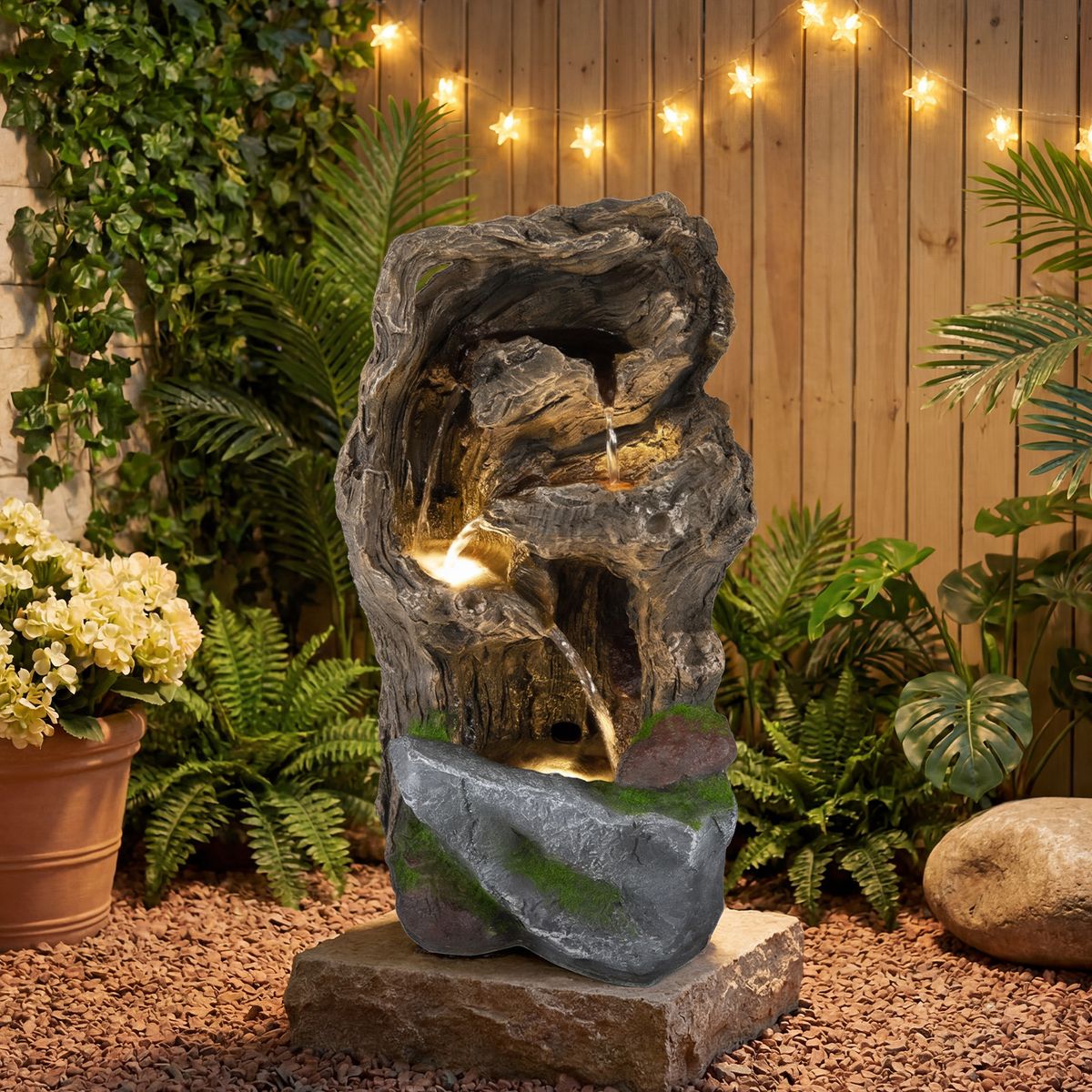 Coast Tuinfontein met 4 niveaus - LED-verlichting - Weerbestendig - Bruin, 26 x 28 x 53 cm