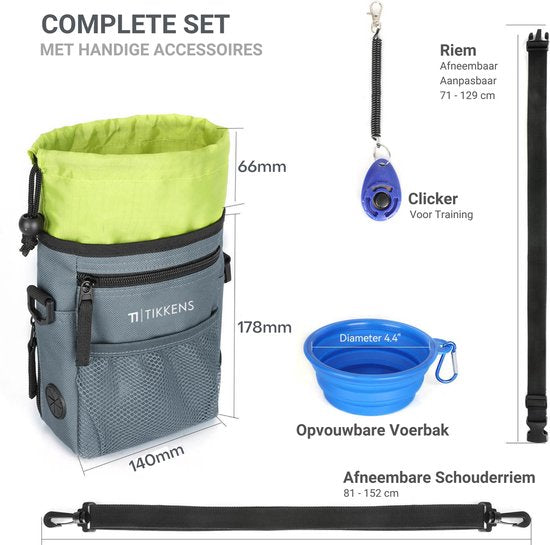 Tikkens Beloningstasje voor Honden - Met Clicker en Opvouwbare Voederbak - Waterdicht en Wasbaar - 25 x 15 x 3 cm - Grijs