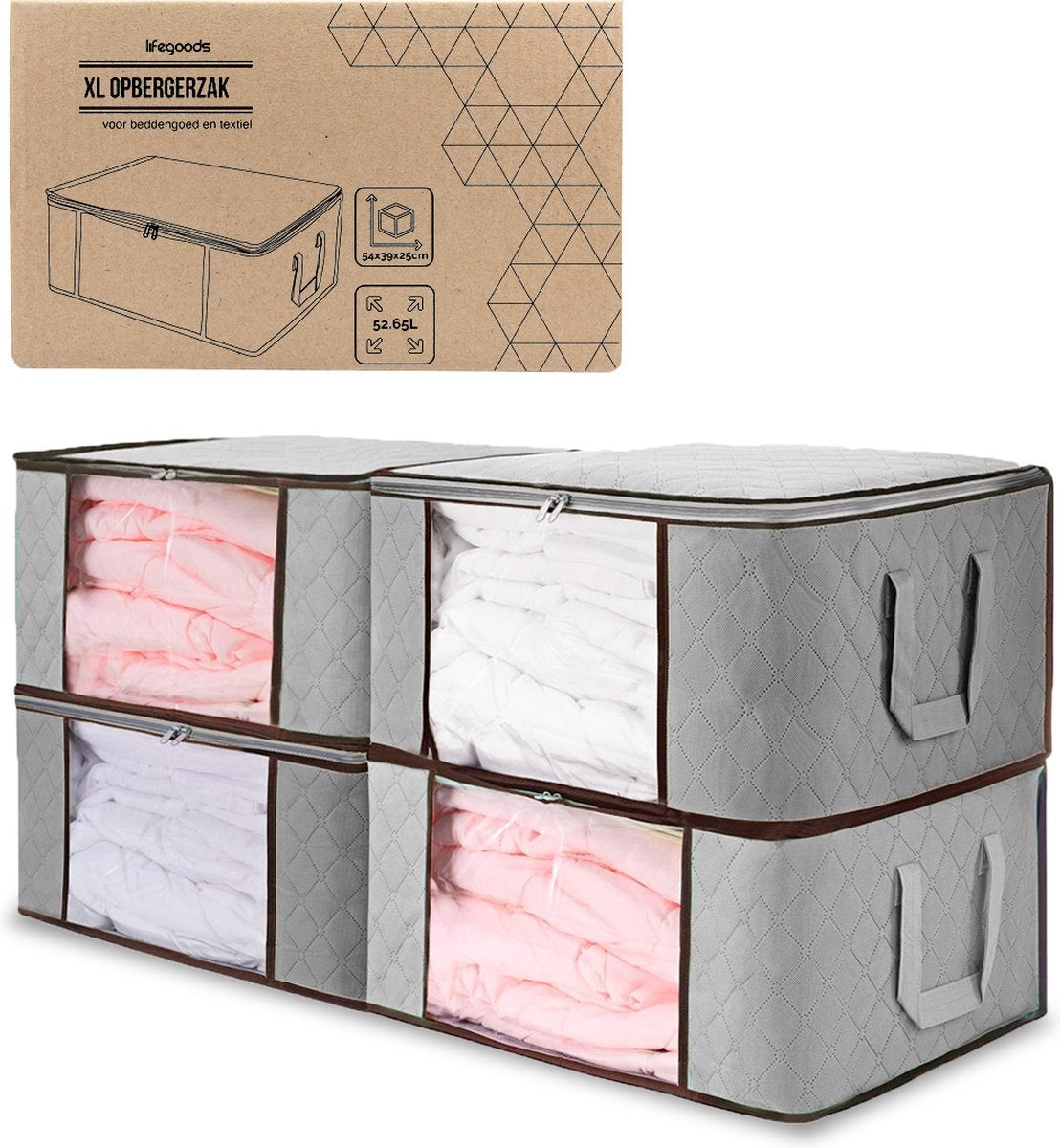 LifeGoods Opbergtas en Organizer - 4x 50L - 54x25x39 cm - Textiel - Grijs