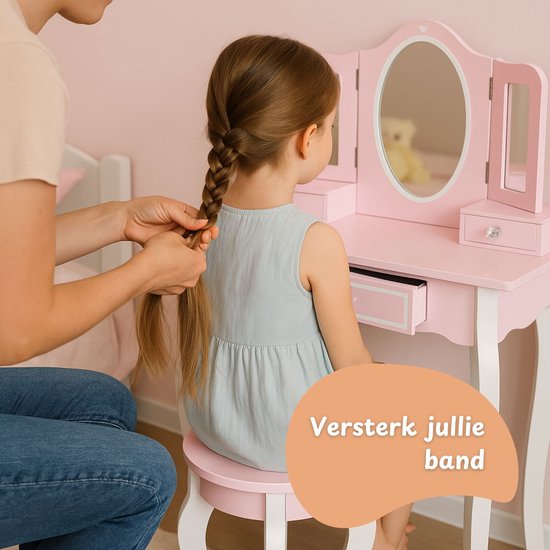 Maxx Kidz Kaptafel Kind met Spiegel - Roze Houten Kinder Make Up Tafel met Krukje - Schminktafel voor Kinderen - Meisjes Speelgoed vanaf 3 jaar