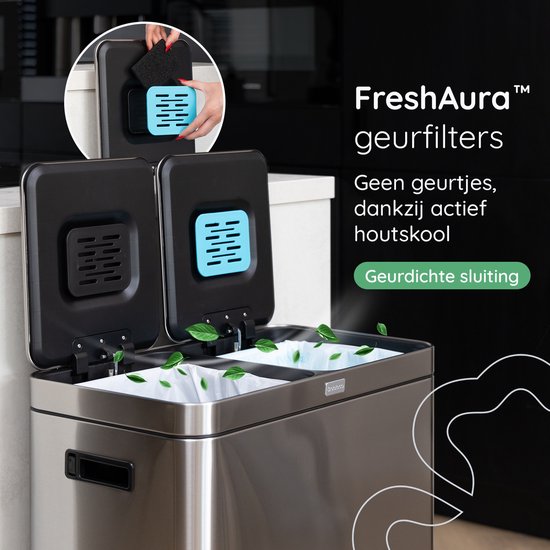 Deleca Recycle Prullenbak met 2 Vakken - 60 Liter (2x30) Afvalbak - Afvalscheiding / Statiegeld container / Pedaalemmer - Vuilnisbak met FreshAura Geurbestrijding - Slow Close - RVS Zilver