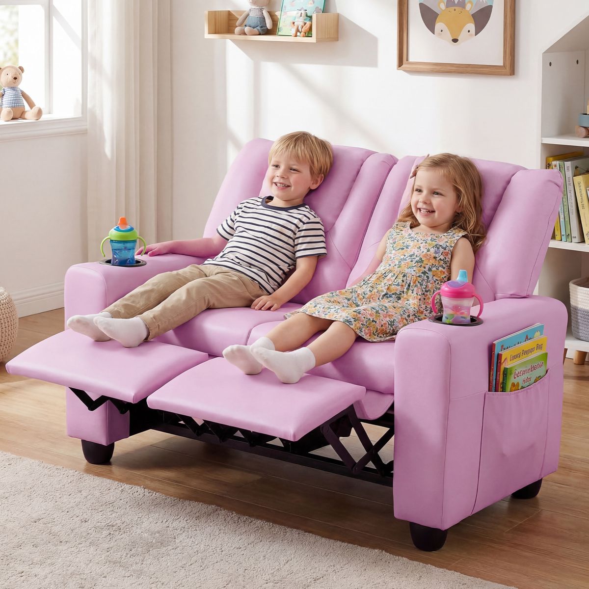 Coast Kinderbank met ligfunctie - dubbele zitting - bekerhouders - roze 54 x 94 x 68 cm