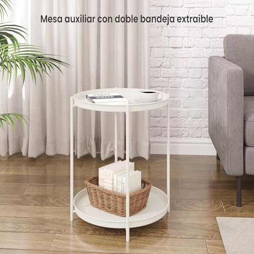 Woltu Ronde Bijzettafel met 2 Verwijderbare Planken - Metaal, Crème - Ø44 cm, Hoogte 57 cm