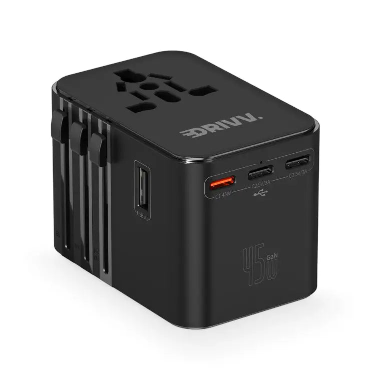 Drivv. Universele Wereldstekker USB-C 45W - voor 180+ Landen - 3x USB-C & 2x USB-A - Compacte Reisadapter