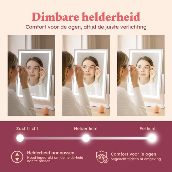 Fraay® Hollywood Spiegel met Verlichting 41x30cm - 3 Lichtstanden - Make Up Spiegel met 10x Vergrootspiegel - LED Strip Verlichting Dimbaar - Incl. Beauty Blenders en Powder puff