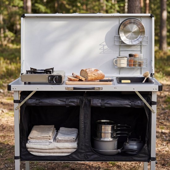 Tristar Campingkeuken – Opvouwbaar - 100x50cm – Met Gootsteen – Aluminium Frame - Campingkast en Buitenkeuken – Inclusief Draagtas – Verstelbare Poten - KI-0825
