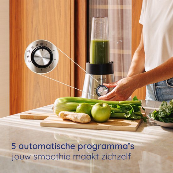 Safecourt Keuken Power blender - 5 automatische programma's - Smoothie maker - +2 to go bekers - RVS
