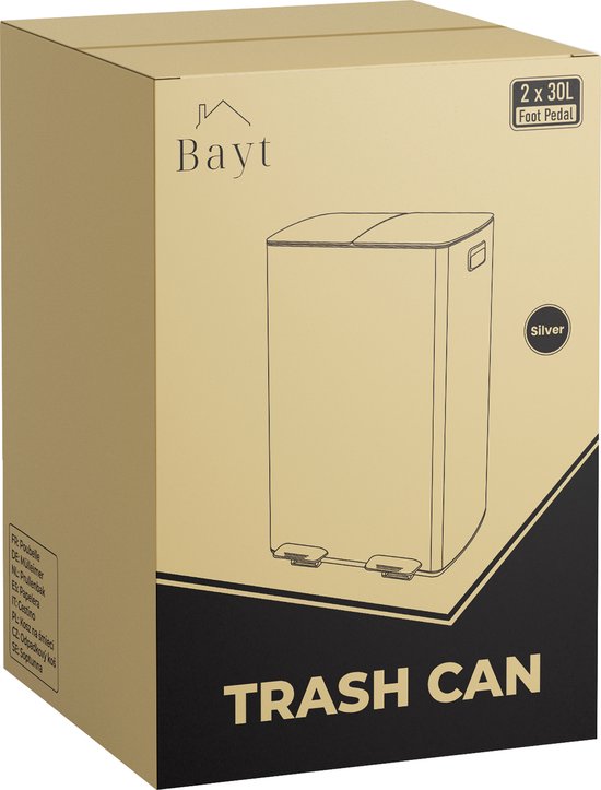 Bayt Prullenbak - Prullenbak 60 Liter (2x30) - Vuilnisbak 60 Liter - Pedaalemmer 60 Liter - Prullenbak Afvalscheiding - Prullenbak 2 Vakken - Afvalbak - RVS - Zilver