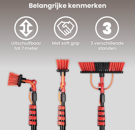 Shine Wasborstel - Uitschuifbaar - 5 Delig - Aluminium - Tot 7M - Incl. Zeepdispenser - Rood/Zwart