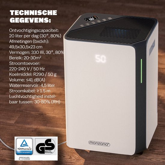 Monzana Luchtontvochtiger - Wifi App 20 tot 30m² 20l/dag - Wit