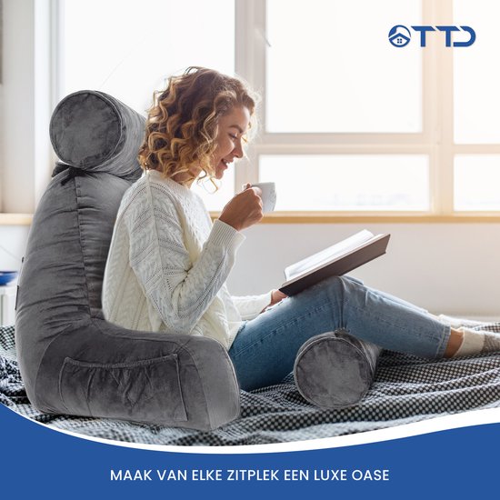 TTD® Premium XXL Leeskussen met Nekrol - Bookseat - Leeskussen voor in Bed - Ergonomisch Zitkussen met Verstelbare Vulling - Boekkussen - Inclusief Extra Minikussen - Fluweelzacht - Wasbare Hoes