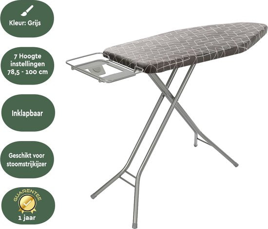 BRASQ Strijkplank IB300 met strijkplankhoes en stoomunithouder - 122x43 cm Strijkoppervlak - In hoogte verstelbaar - 7 standen - tot 100 cm