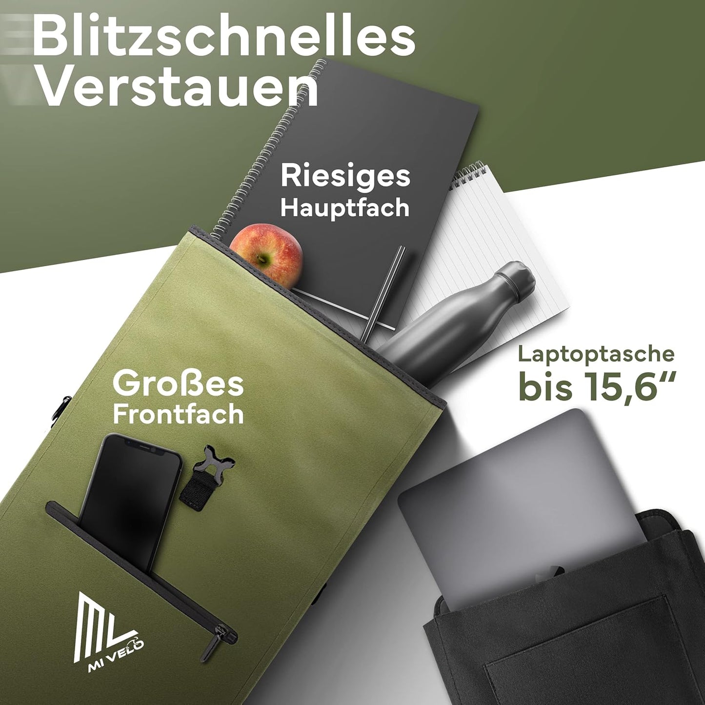 MIVELO 3-in-1 Fietstas voor Bagagedrager - 100% waterdicht - PVC-vrij - Olijfgroen – 25L